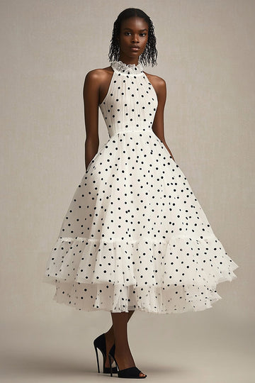 White and Black Tulle High Neck Tiered Maxi Polka Dot Dress with Ruffles